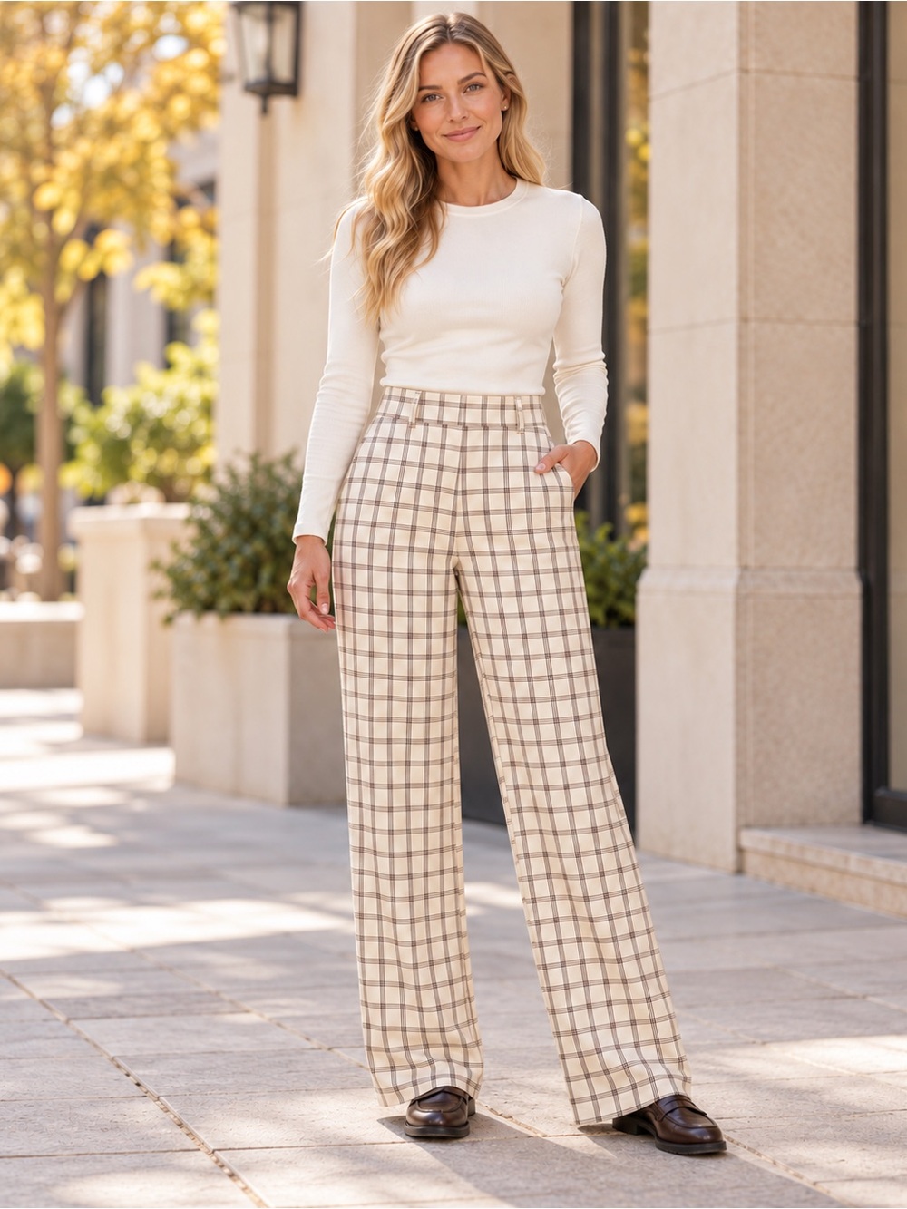 Cotton On Cream Brown Plaid High Rise Wide Leg Trousers Size 10